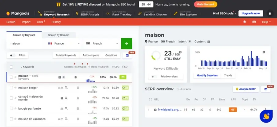 KWFinder : résultat de la vérification des mots-clés pour le mot-clé « maison » Image: KWFinder : résultat de la vérification des mots-clés pour le mot-clé « maison »