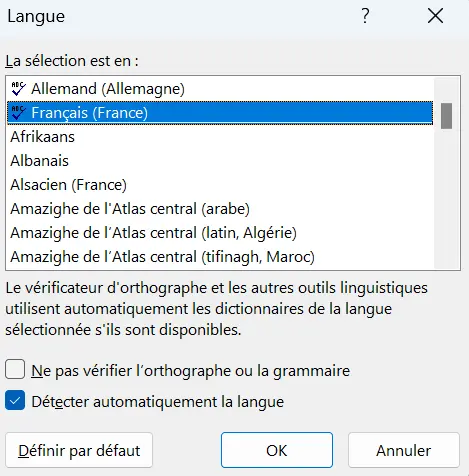 Outlook : aperçu de la langue du correcteur orthographique Image: Outlook : aperçu de la langue du correcteur orthographique