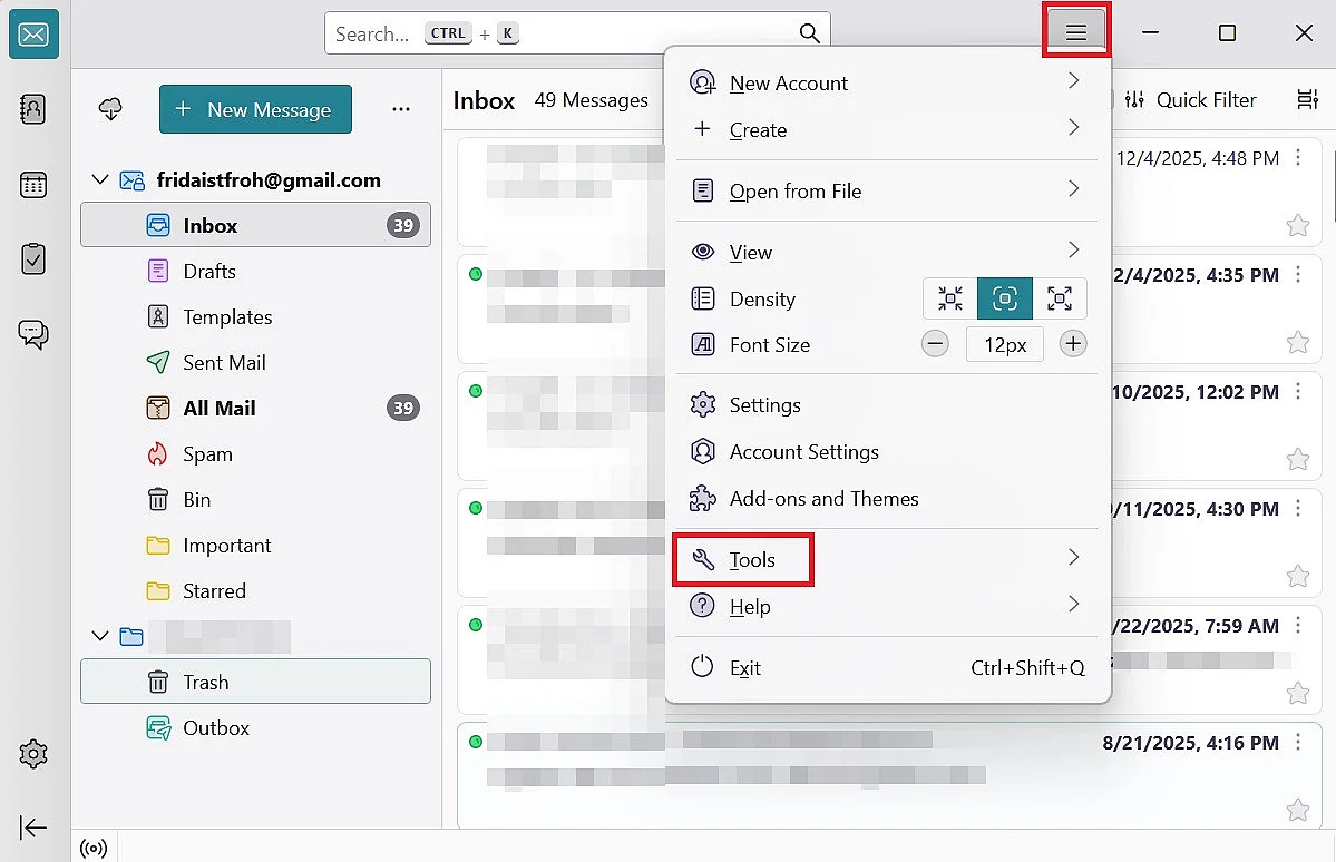 Image: Configurer un message d’absence Thunderbird : menu « Outils »