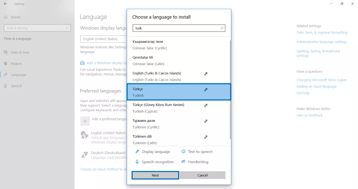 Image: Menu permettant de changer la langue de clavier Windows 10