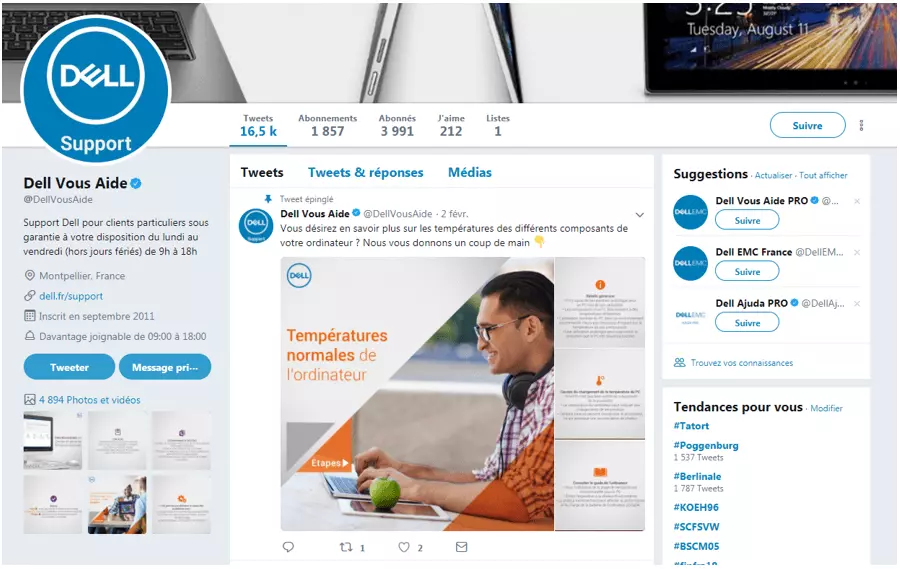 Capture d’écran du compte Twitter @DellVousAide de l’entreprise DELL.