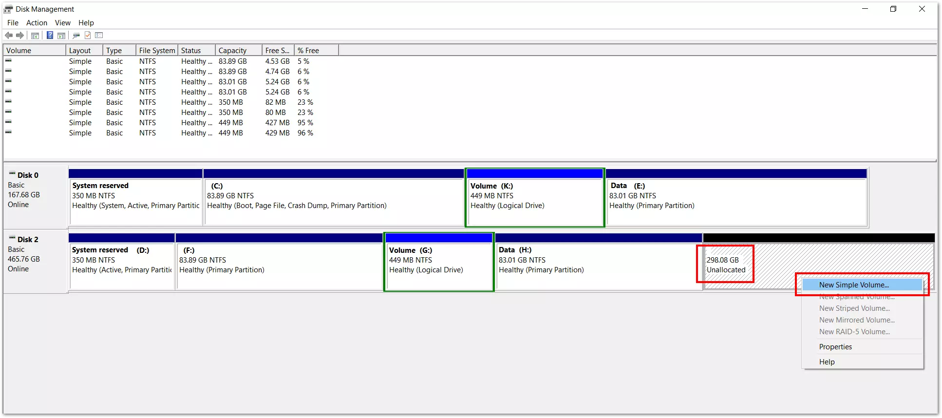 Image: Gestion des disques Windows 10 : fenêtre de création de volume simple