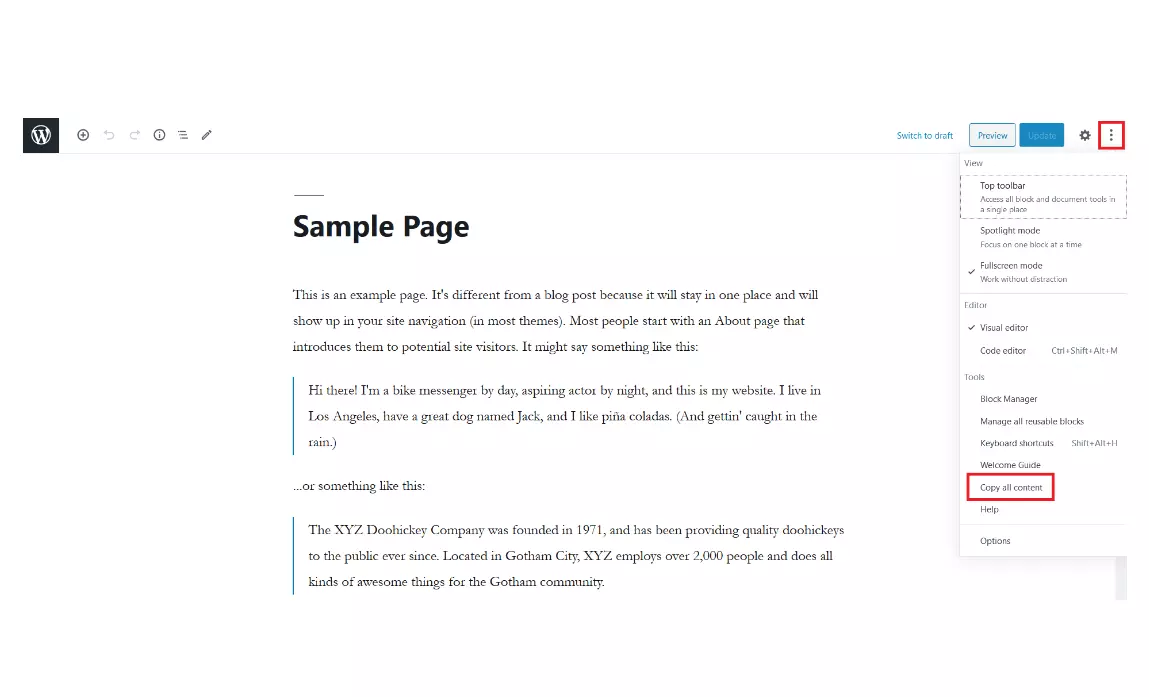 Image: Back-office de WordPress : éditeur Gutenberg avec option « Copier l’ensemble du contenu »