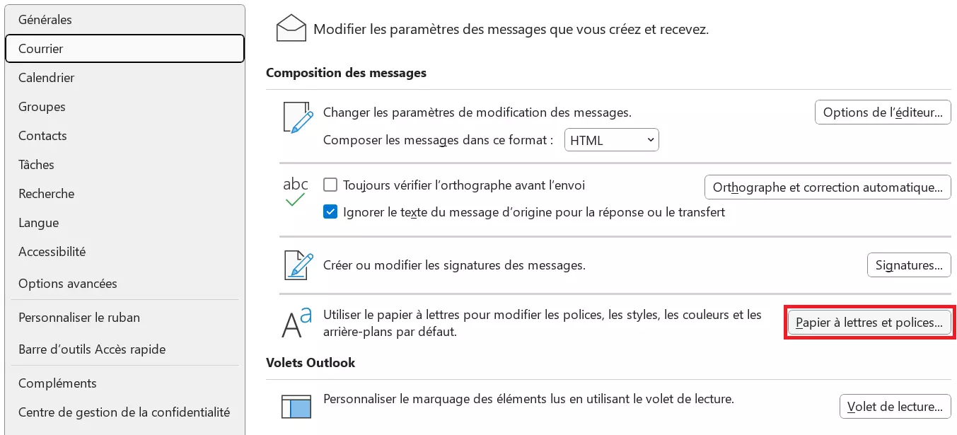 “Bouton « Papier à lettres et polices… » dans les options Outlook “Bouton « Papier à lettres et polices… » dans les options Outlook