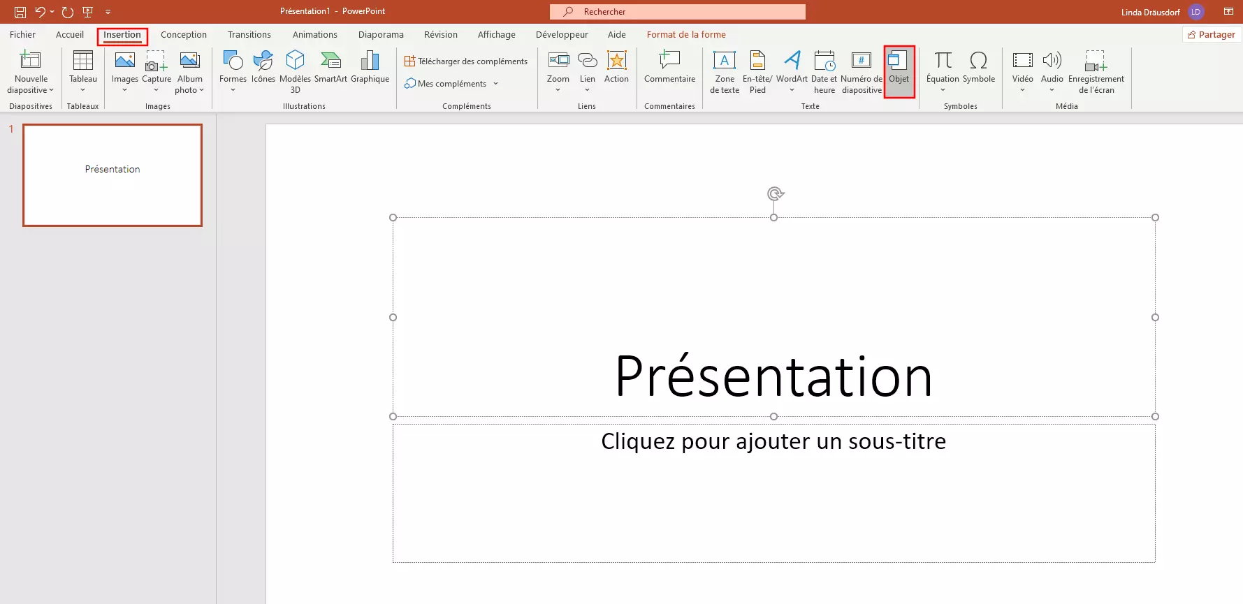 Image: PowerPoint : l’icône « Objet » dans le menu