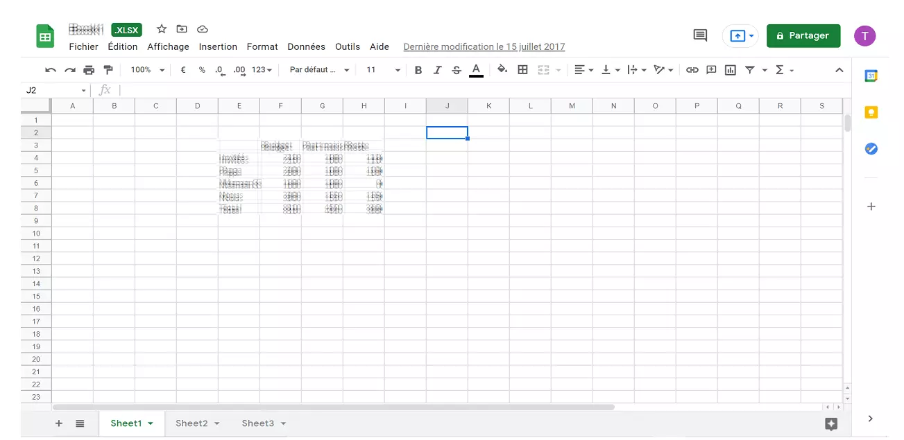 Image: Feuille de calcul Excel ouverte dans Google Sheets