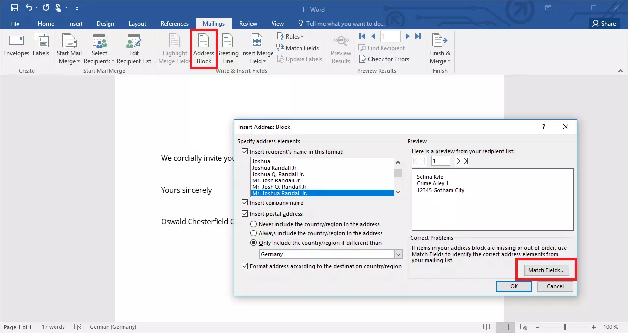 Image: Bouton « Bloc d’adresse » pour la configuration d’un publipostage dans Word 