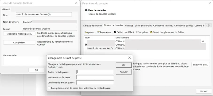 Image: Menu du fichier de données Outlook : changer le mot de passe