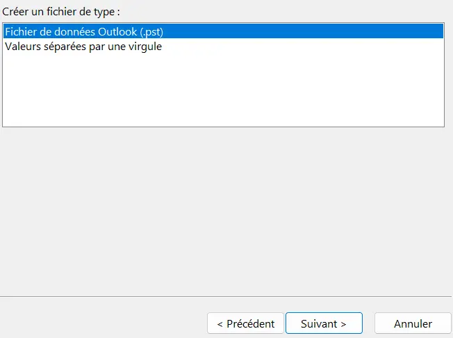 Assistant d’importation et exportation d’Outlook : sélection du type de fichier Image: Assistant d’importation et exportation d’Outlook : sélection du type de fichier