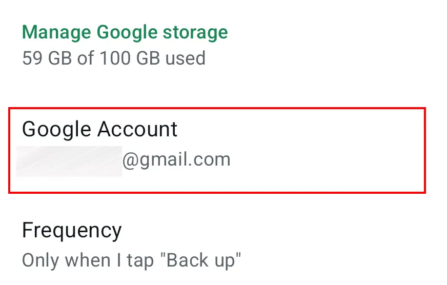 Image: Menu WhatsApp « Gérer le stockage Google » : sélection du compte Google