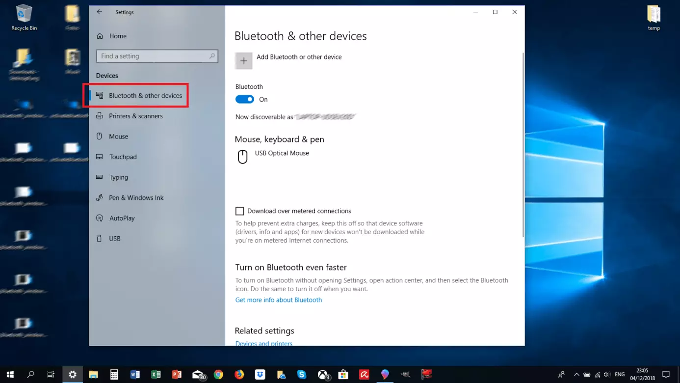 Image: Appareils Bluetooth et autres appareils dans les paramètres de Windows 10