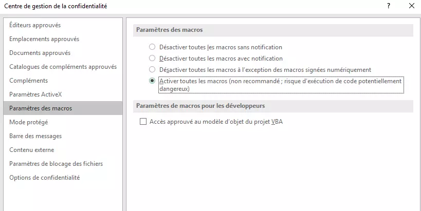 Image: Centre de gestion de la confidentialité : configuration pour les macros