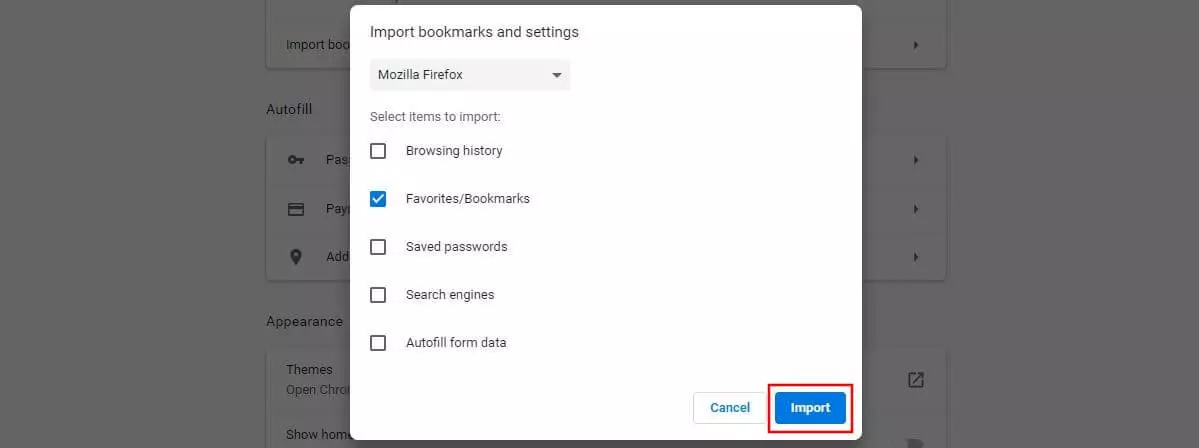 Image: Fenêtre de menu Chrome « Importer les favoris et les paramètres »