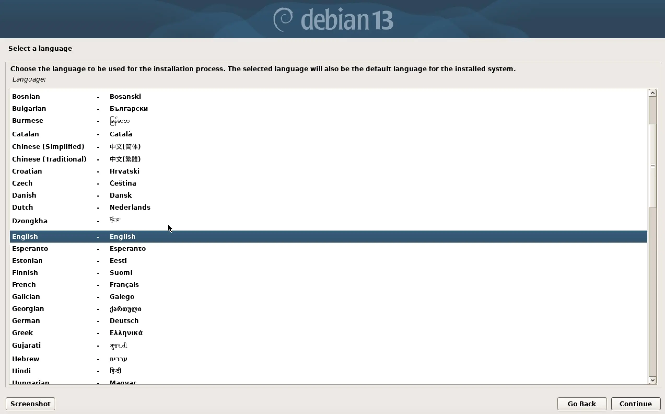 Image: Capture d&rsquo;&eacute;cran de l&rsquo;installation de Debian 13 : s&eacute;lection de la langue