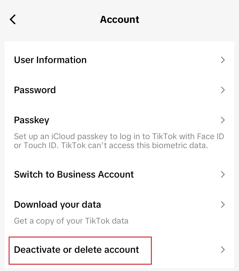 Menu TikTok « Compte » Image: Menu TikTok « Compte »