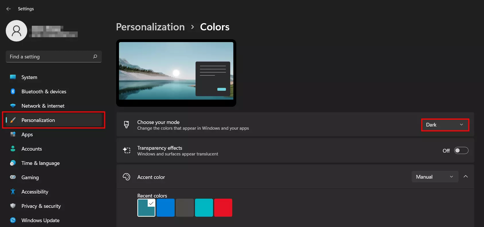 Image: Windows 11 : mode sombre activé