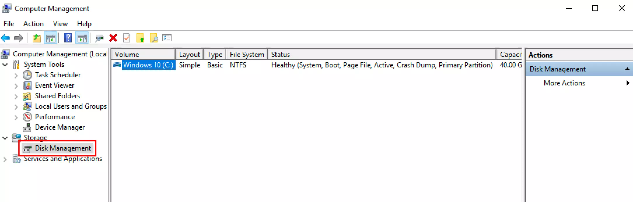 Image: Gestion de disque dans la Gestion de l’ordinateur Windows 10