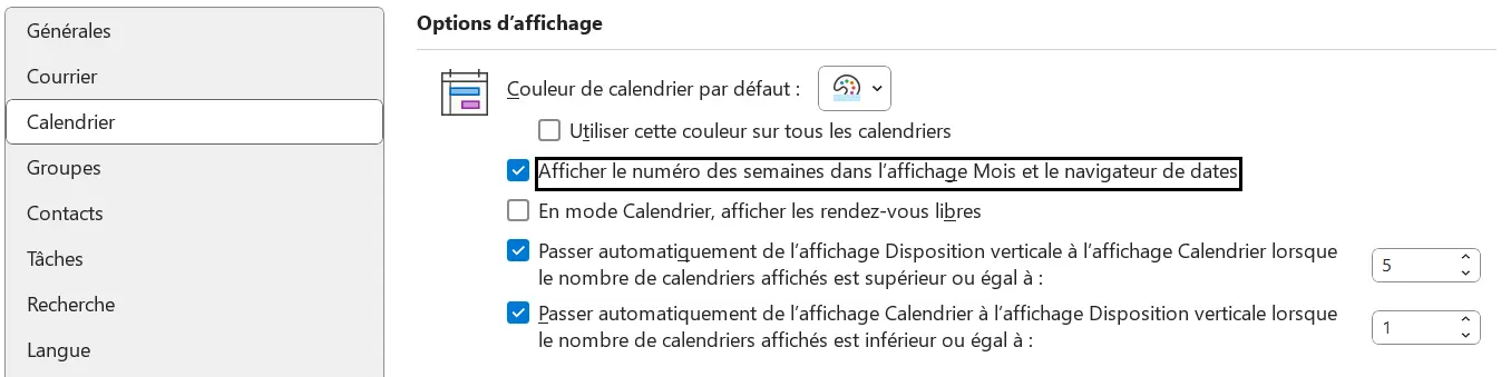 Outlook : paramètres d’affichage du calendrier Image: Outlook : paramètres d’affichage du calendrier