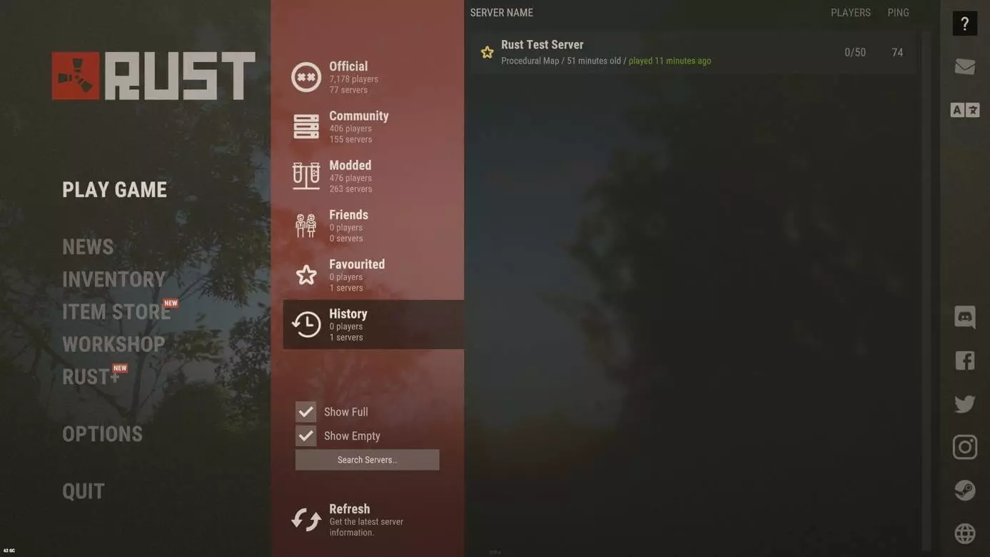 Capture d’écran de Rust: liste des serveurs