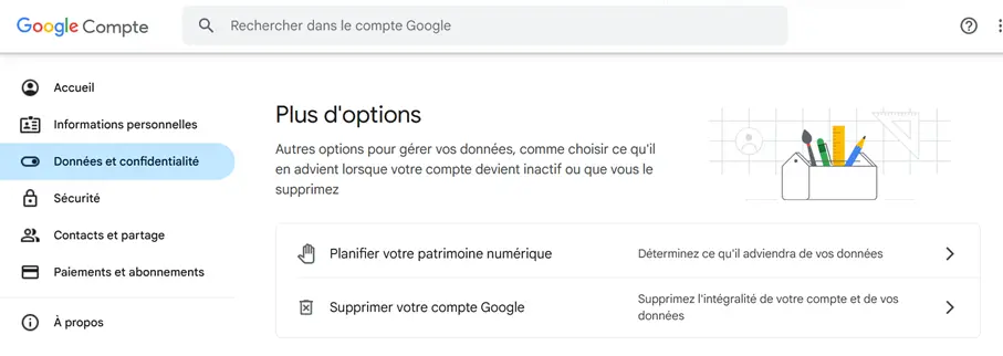 Image: Compte Google : menu de suppression du compte