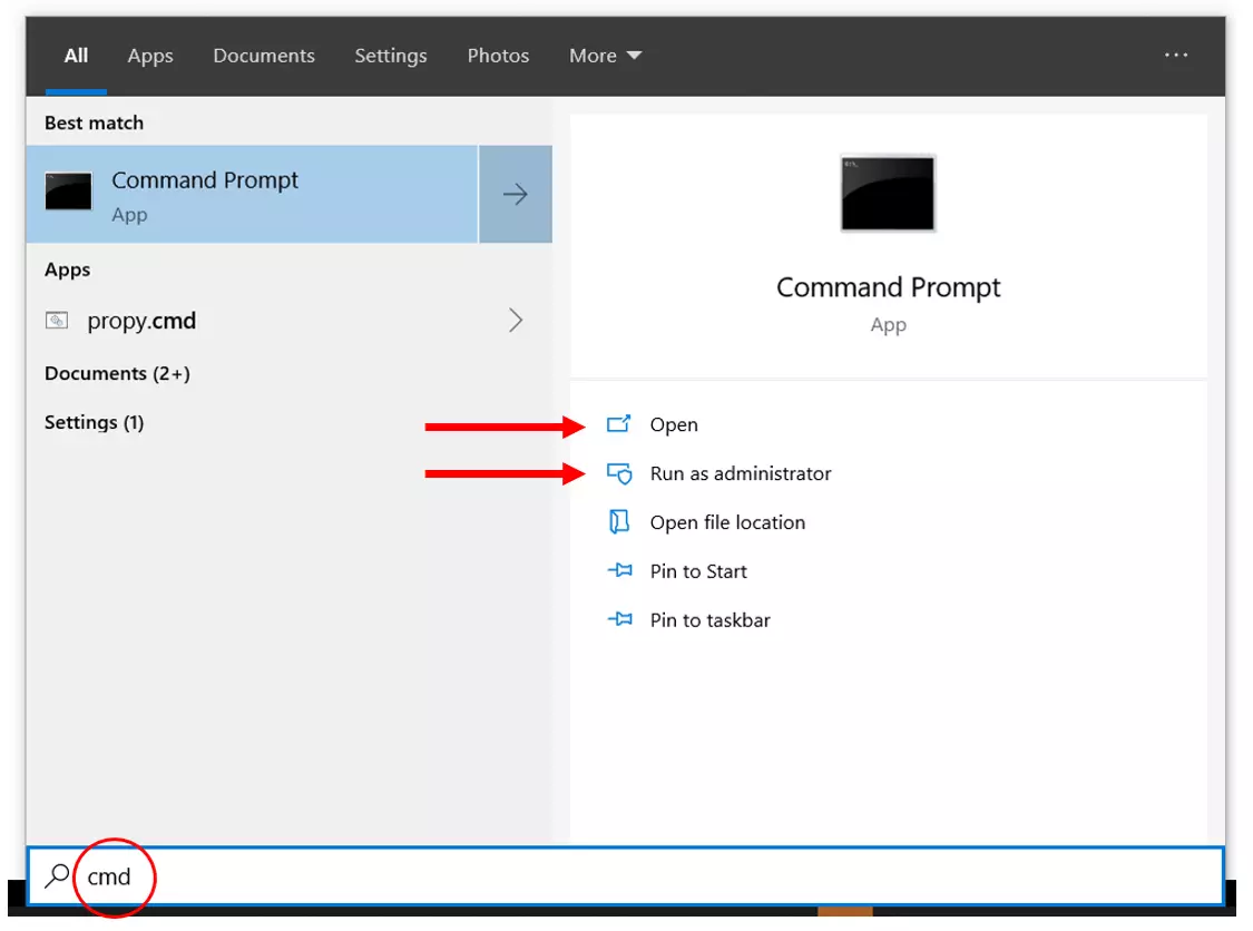 Image: La fonction recherche de Windows 10 : résultat pour « cmd »
