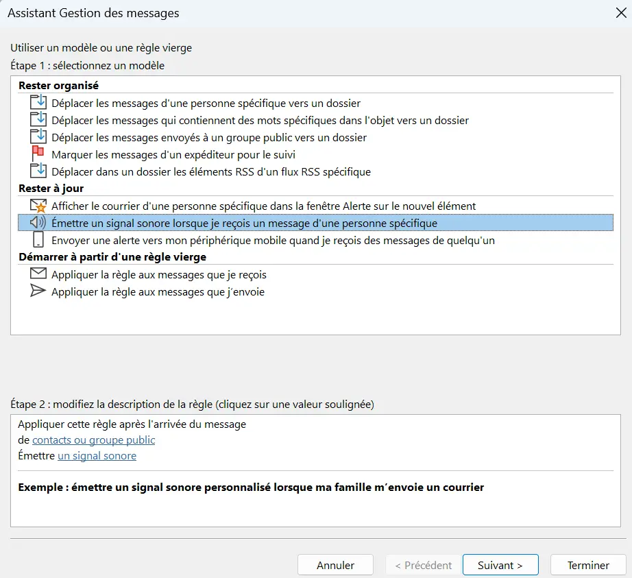 Image: Assistant de règles Outlook : sélection du modèle de règles