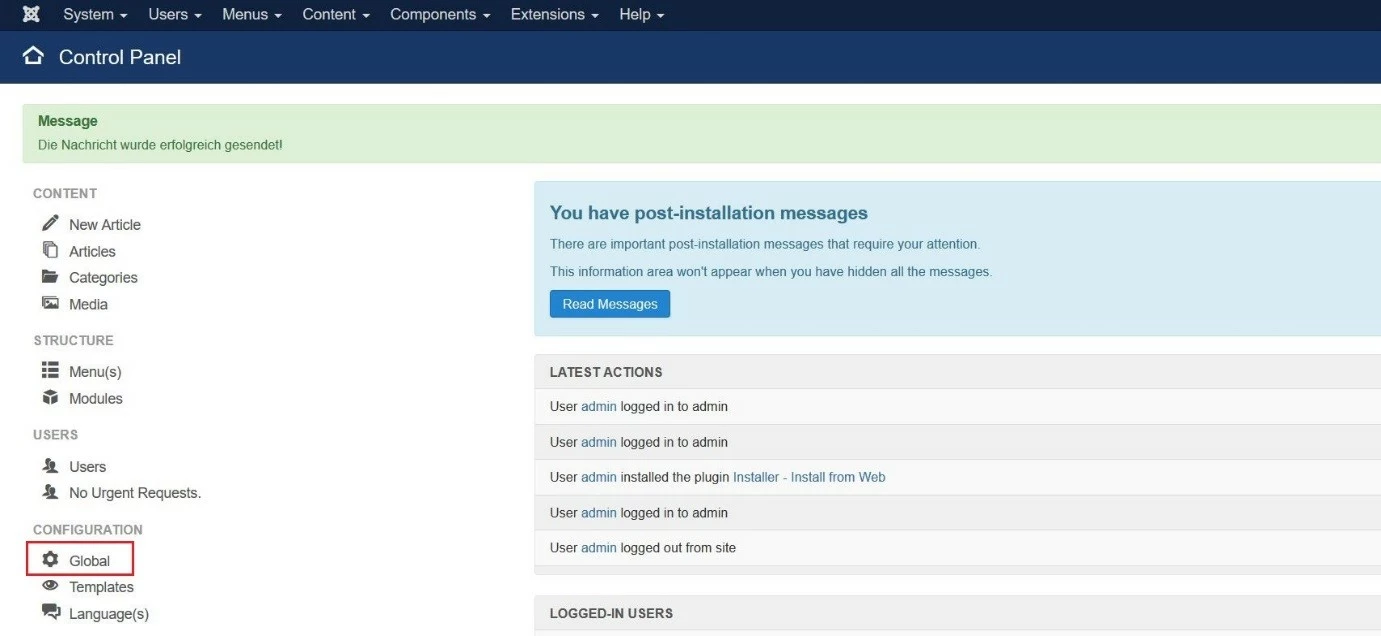 Image: Le « Centre de contrôle » de l’interface d’administration de Joomla