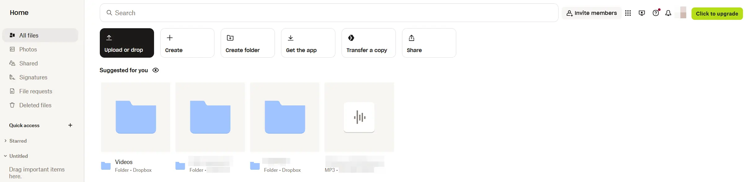 Image: Dropbox : interface utilisateur de l’application Web