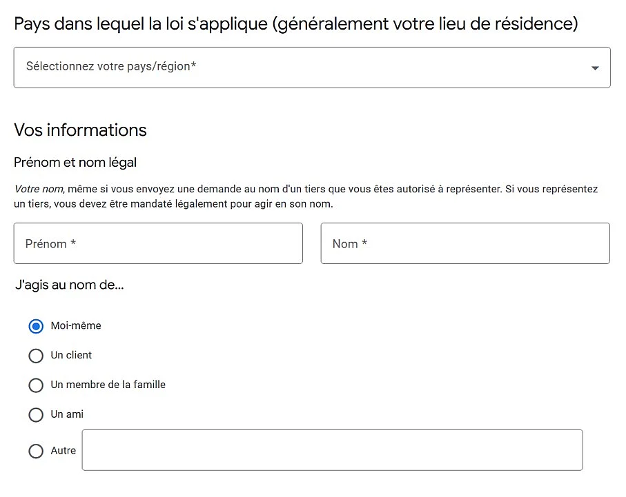 Formulaire de demande de suppression de données personnelles de Google Image: Formulaire de demande de suppression de données personnelles de Google