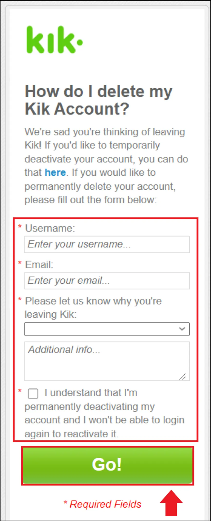 Image: Supprimer compte Kik : saisir le nom et l’email