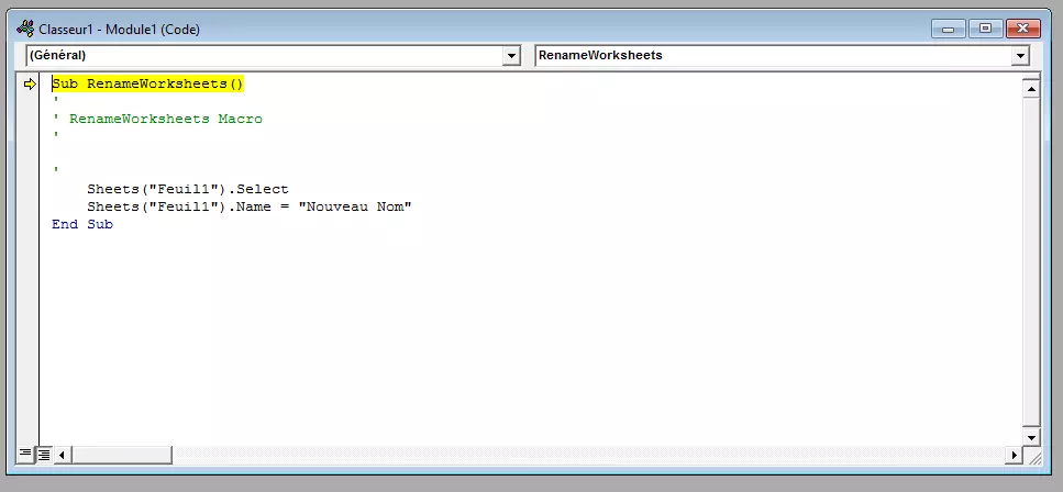 Image: Code de la macro RenameWorksheets
