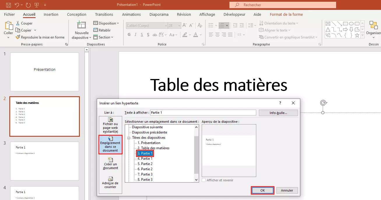 Image: Connecter la table des matières PowerPoint au contenu : boîte de dialogue « Insérer un lien hypertexte »