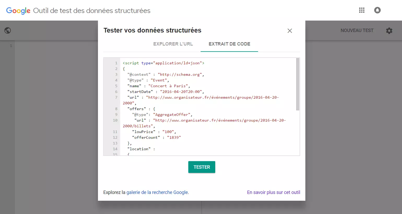 Image: Outil de test des données structurées de Google pour du code JSON-LD