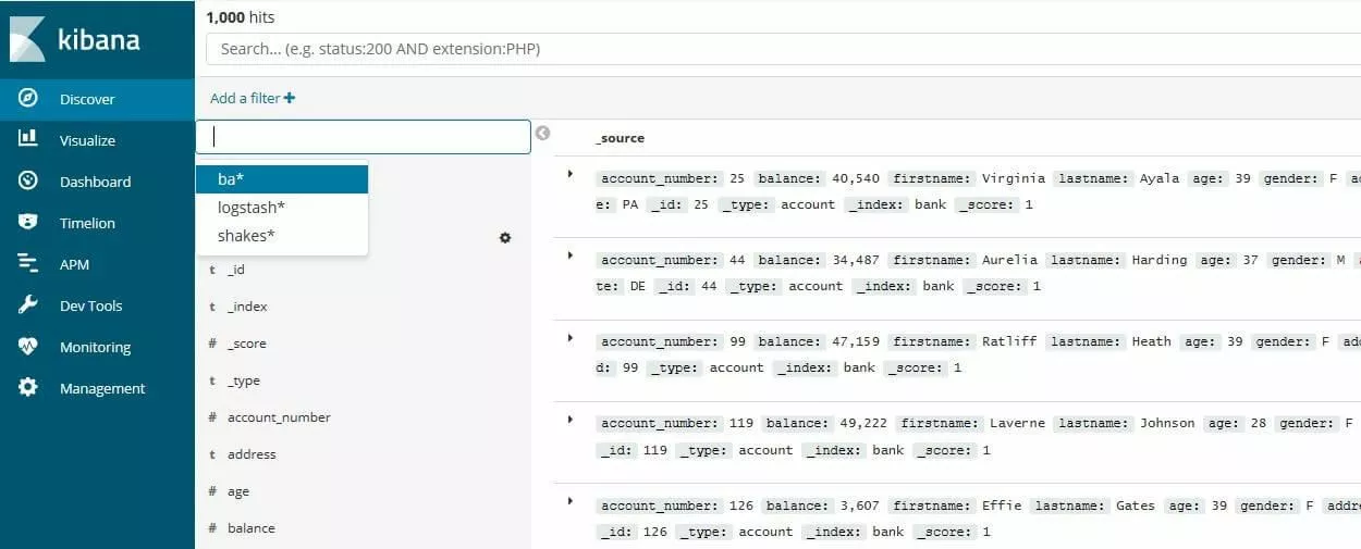 Image: Kibana : liste des entrées d’un exemple d’ensemble de données