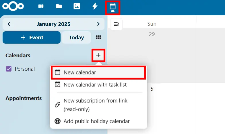 Créer un nouveau calendrier dans Nextcloud Image: Créer un nouveau calendrier dans Nextcloud