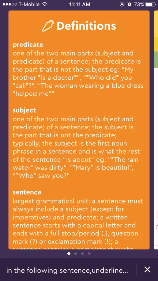 Image: Capture d’écran de l’application Socratic avec les définitions en anglais d’un verbe, d’un sujet d’une phrase