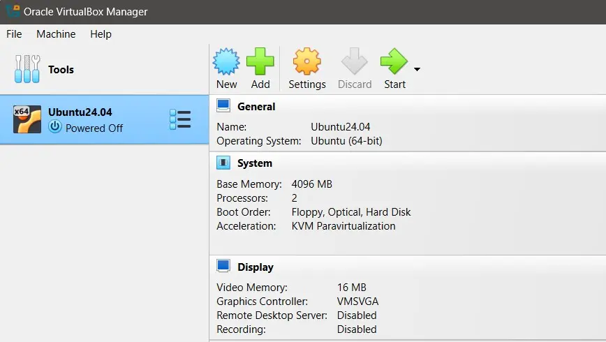 Image: Oracle VirtualBox Manager avec VM sélectionnable