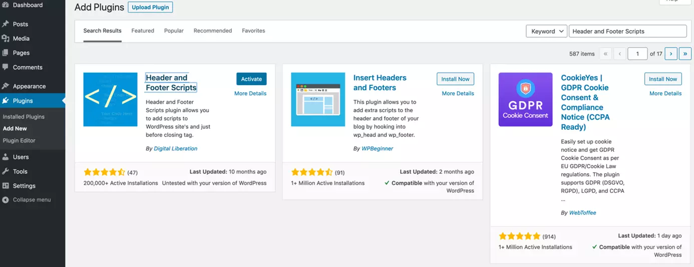 Image: Activez le plugin Header and Footer Scripts