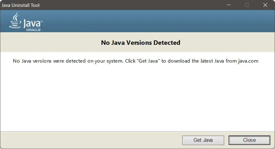 Outil de désinstallation Java : fenêtre de téléchargement de Java Image: Outil de désinstallation Java : fenêtre de téléchargement de Java