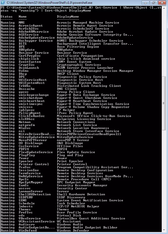 Image: Résultats de la Pipeline Get-Service | Where-Object {$_.status –eq "running"} | Sort-Object DisplayName
