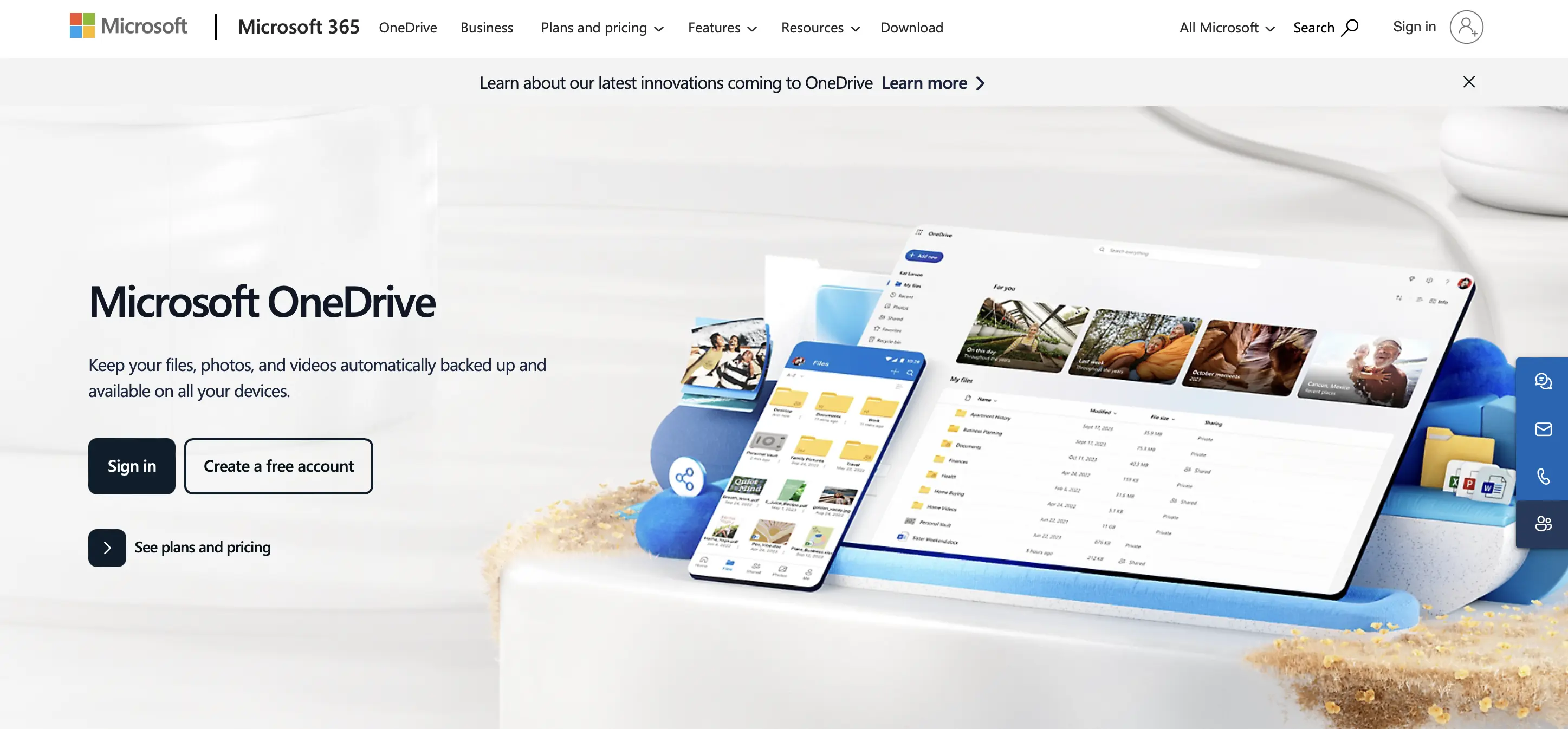 Capture d’écran de la page de présentation de OneDrive Image: Capture d’écran de la page de présentation de OneDrive