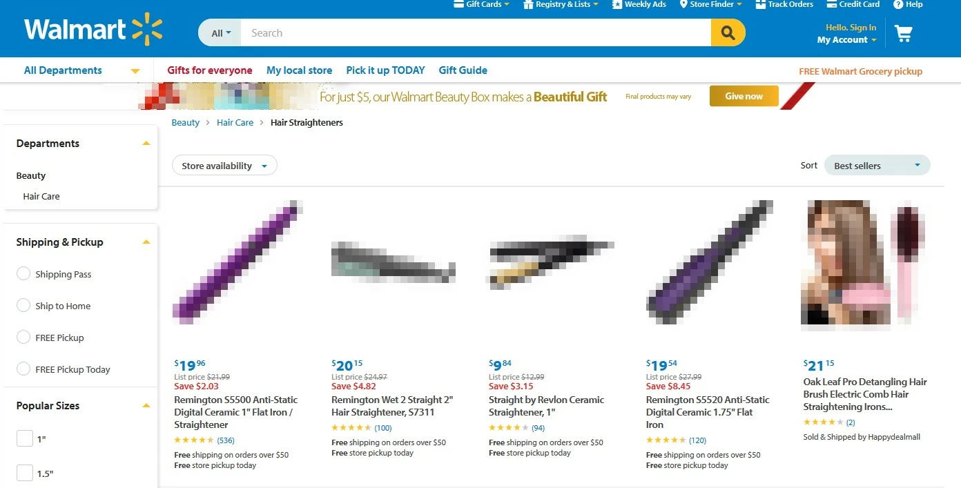 landing page de Walmart pour des fers à lisser