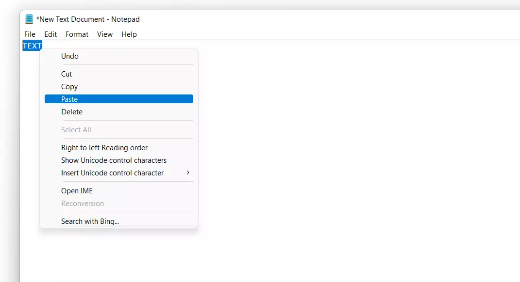 Image: Copier un élément de texte via le menu contextuel