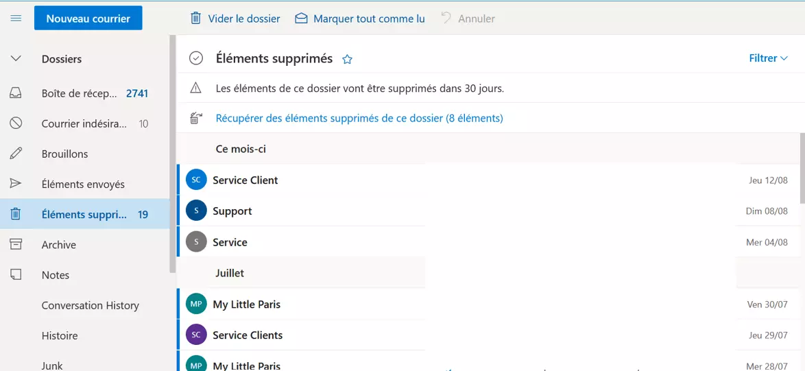 Image: Éléments supprimés dans Outlook.com