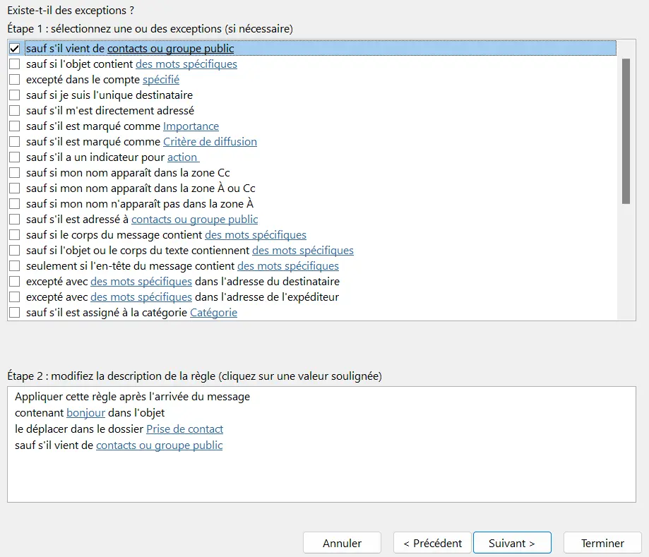 Image: Assistant de règles Outlook : sélection des exceptions
