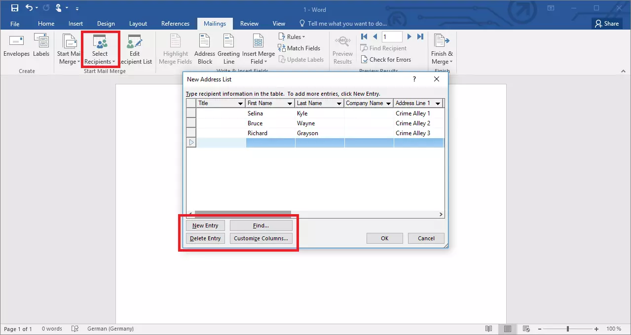 Image: Nouvelle liste d’adresses pour publipostage dans Word 