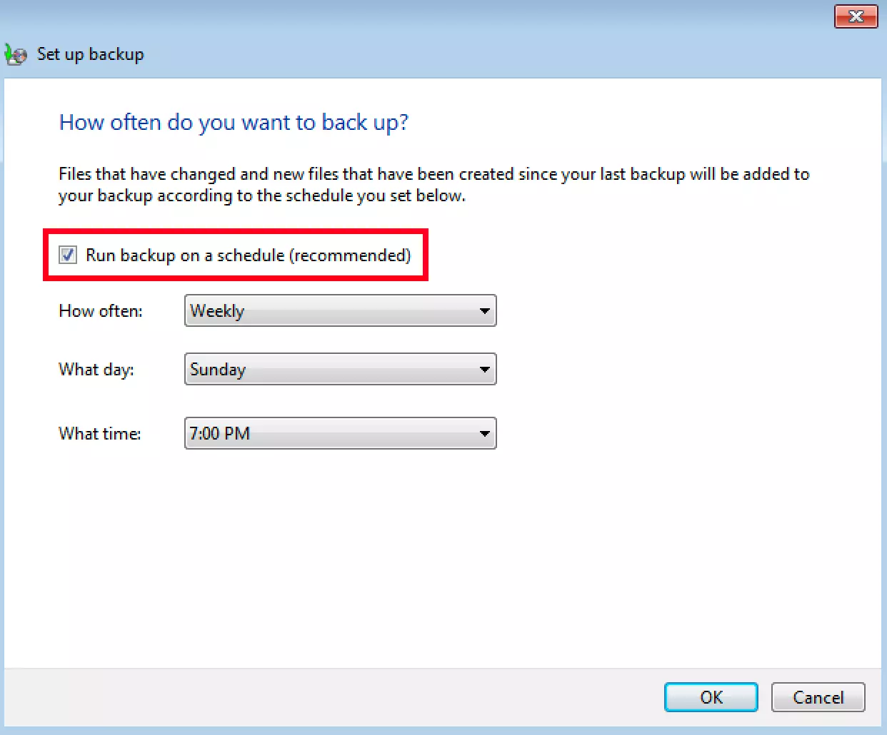 Image: Menu permettant de définir la fréquence des backup dans Windows 7