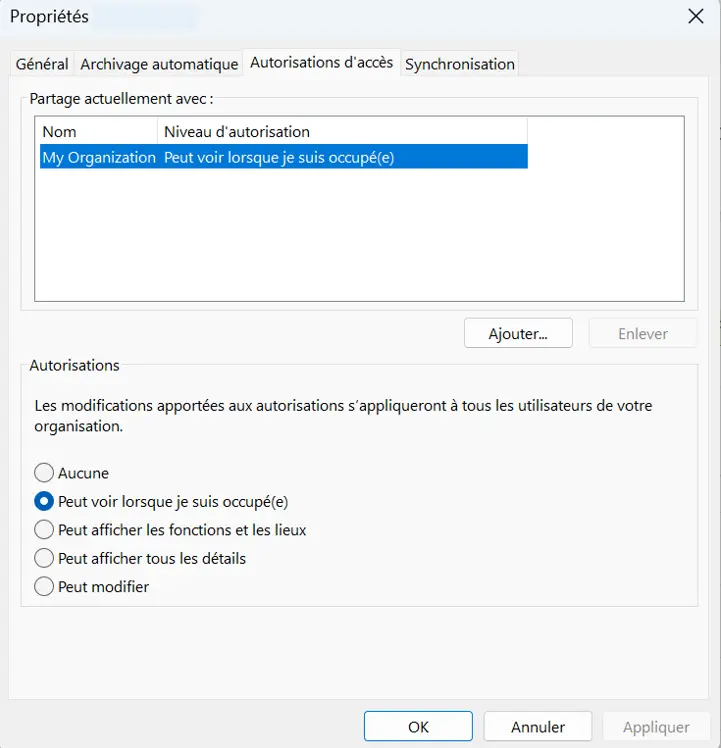 Image: Outlook : paramètres de l’invitation de partage