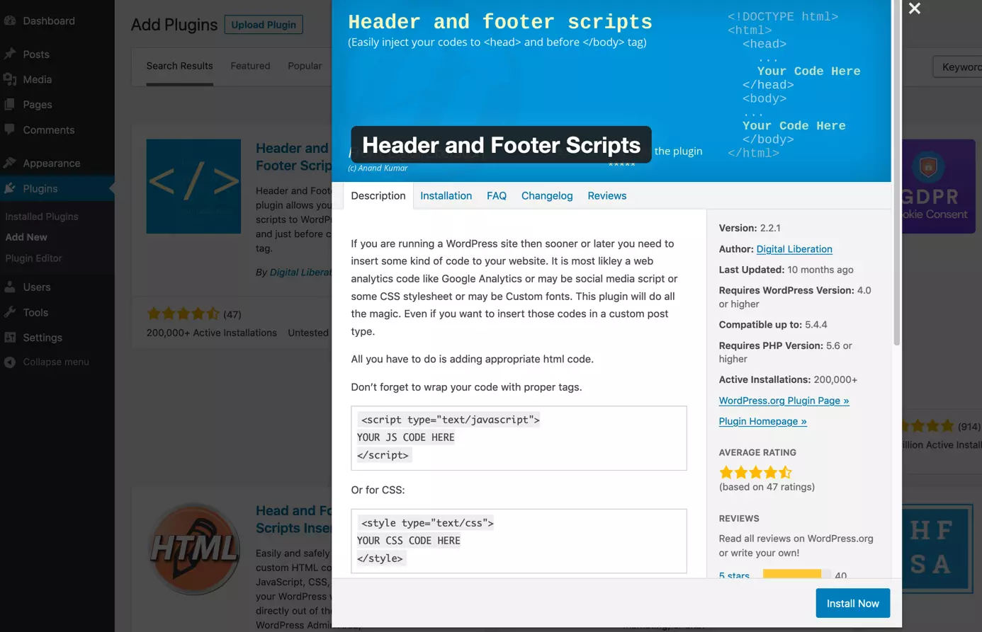Image: Installez le plugin Header and Footer Scripts