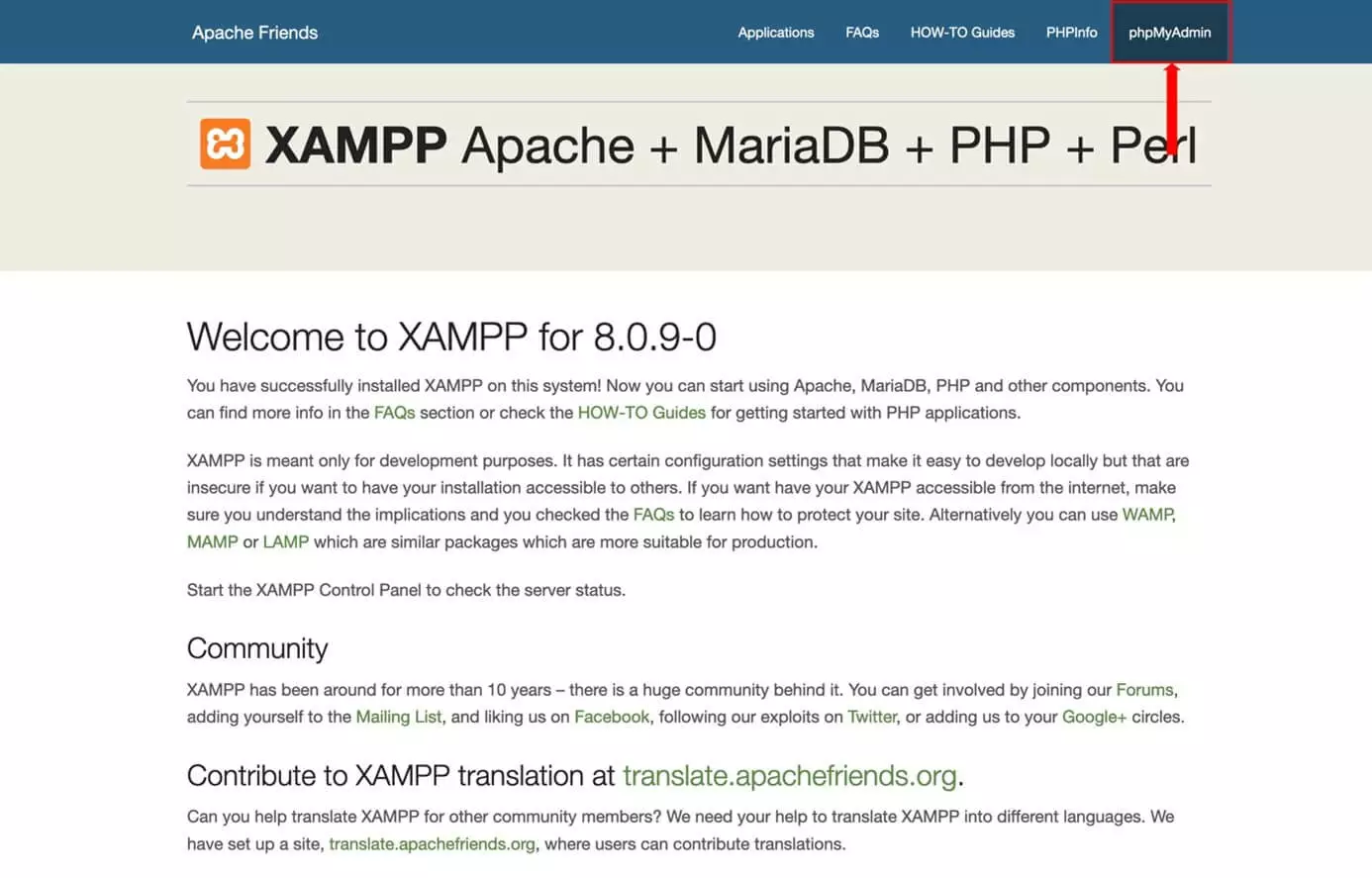 Image: Page XAMPP avec l’élément de menu « phpMyAdmin »